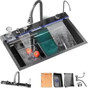 Modern 33x22 Inch Nano Black Kitchen Sink with Flying Rain Waterfall Integrated Workstation Pull-Out Tap Drain Basket Two Waterfalls Digital Display Stainless Steel Top