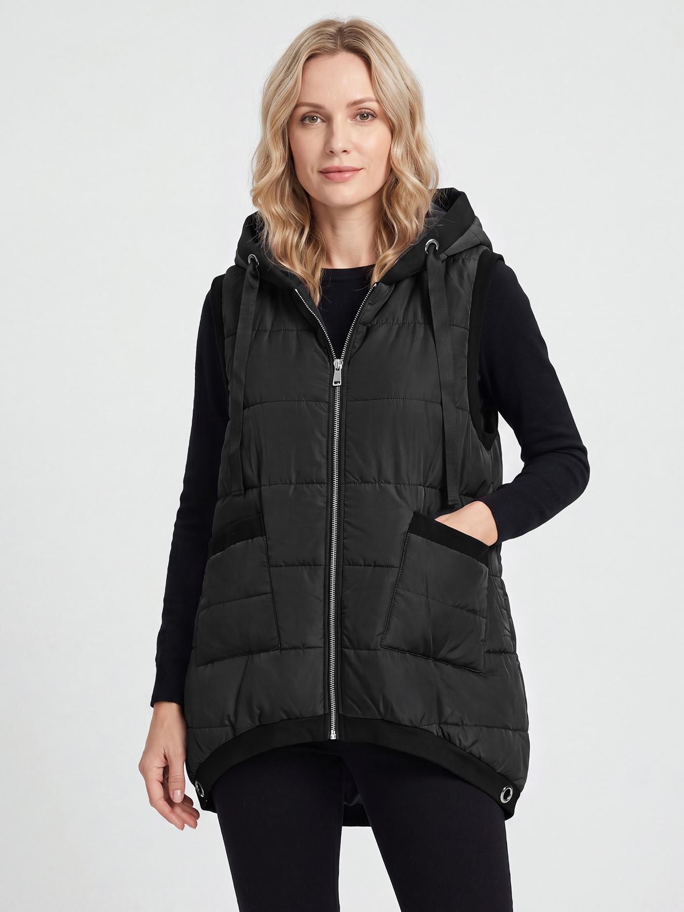 Aswulk Women Hooded Quilted Padded Vest, Thick Zip Up Sleeveless Jacket With Big Pockets, Front Short Back Long Casual Layering Gilet