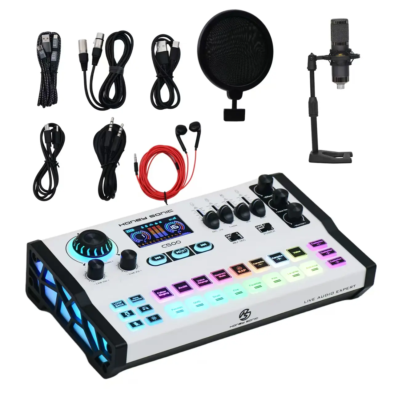 Honey Sonic Live Sound Card – DSP Noise Reduction, 48V Phantom Power, Voice Changer & 8 Live Sound Effects, 3000mAh Battery, OTG Digital Audio for Streaming / Podcast / Gaming / Karaoke / Vocal Recording – Compatible with iPhone, Android, PC, Laptop