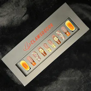 Brown & Orange Ombre Press On Nails – 3D Floral with Gold Rhinestones | Handmade Fall Luxury Reusable Nail Set | Elegant Autumn Nails