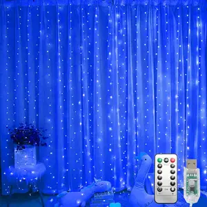 300 LED Fairy Lights, Twinkle Lights with 8 Light Modes, 9.8x9.8Ft Curtain String Lights Remote Control for Christmas, Bedroom, Indoor, Outdoor, Weddings, Party, Camping Decor (Blue)