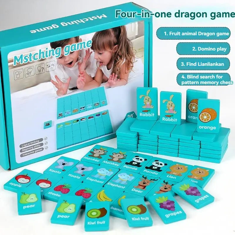 Wooden 4 in 1 Dominoes Game, Fruit & Animal Pattern Matching Memory Chess, Interactive Game for Parents & Kids