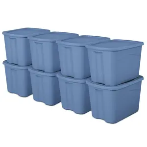 Sterilite Large Storage Bin, 18 Gallon Durable Plastic Storage Tote with Snap-on Lid, Light Blue, 8 Pack