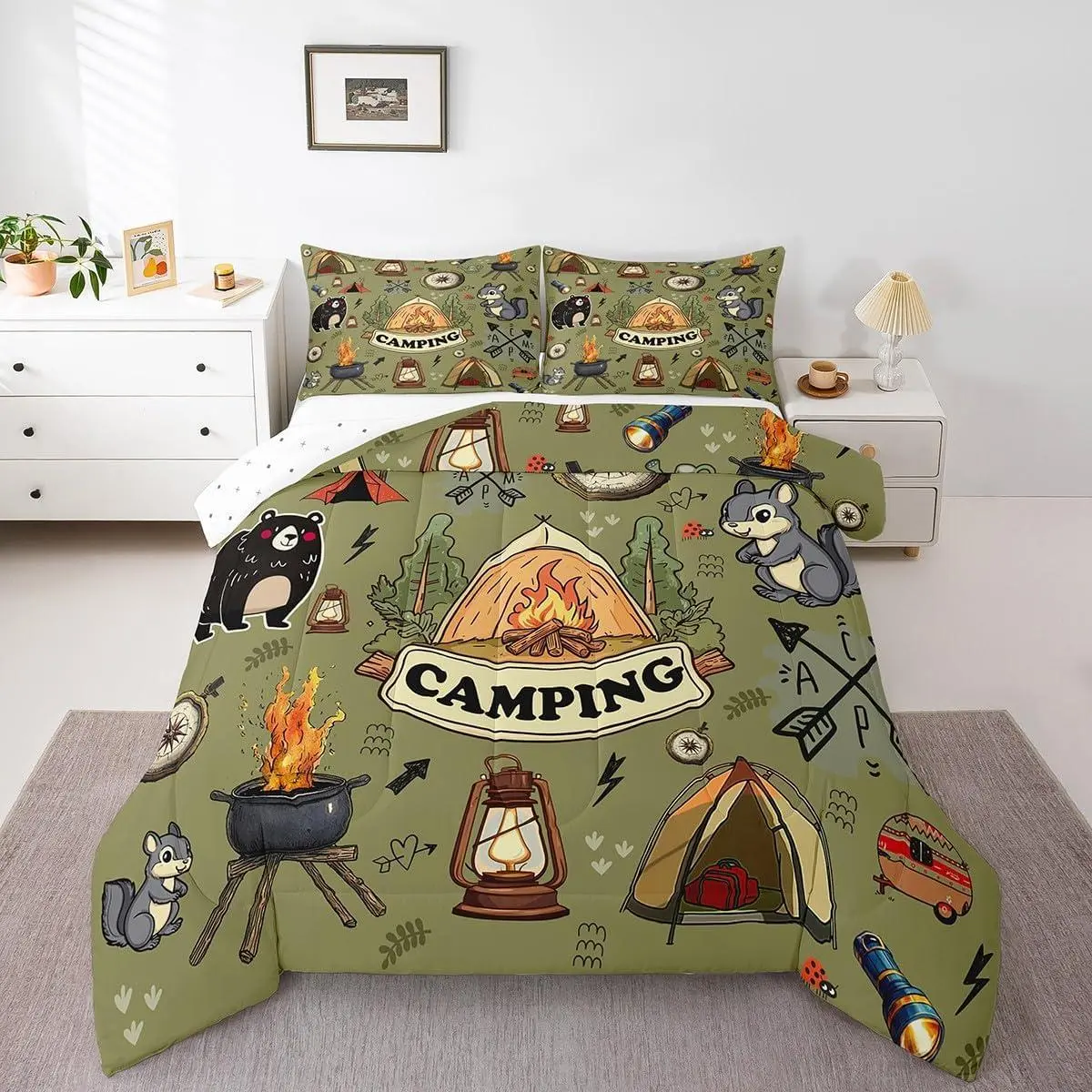Camping Tent Bedding Set,RV Camper Comforter Set Camping Decor Travel Trailer,Rustic Cabin Bear Fox Quilt Set Woodland Adventure Bed Comforter Sets