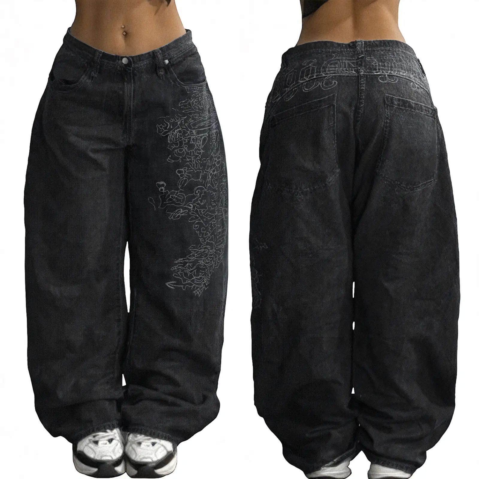 EMMIOL【Back to School】Women Hip Hop Baggy Jeans Wide Leg Mid-Low Waist Barrel Jeans Loose Boyfriends Jeans 90s Vintage Denim Pants casual comfy Cherry Blossom Embroidery Black Womenswear Summer Vibes SohoChic