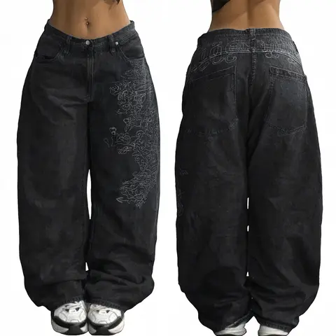 EMMIOL Women Hip Hop Baggy Jeans Wide Leg Mid-Low Waist Barrel Jeans Loose Boyfriends Jeans 90s Vintage Denim Pants casual comfy Cherry Blossom Embroidery Black Womenswear Summer Vibes SohoChic【Back to School】