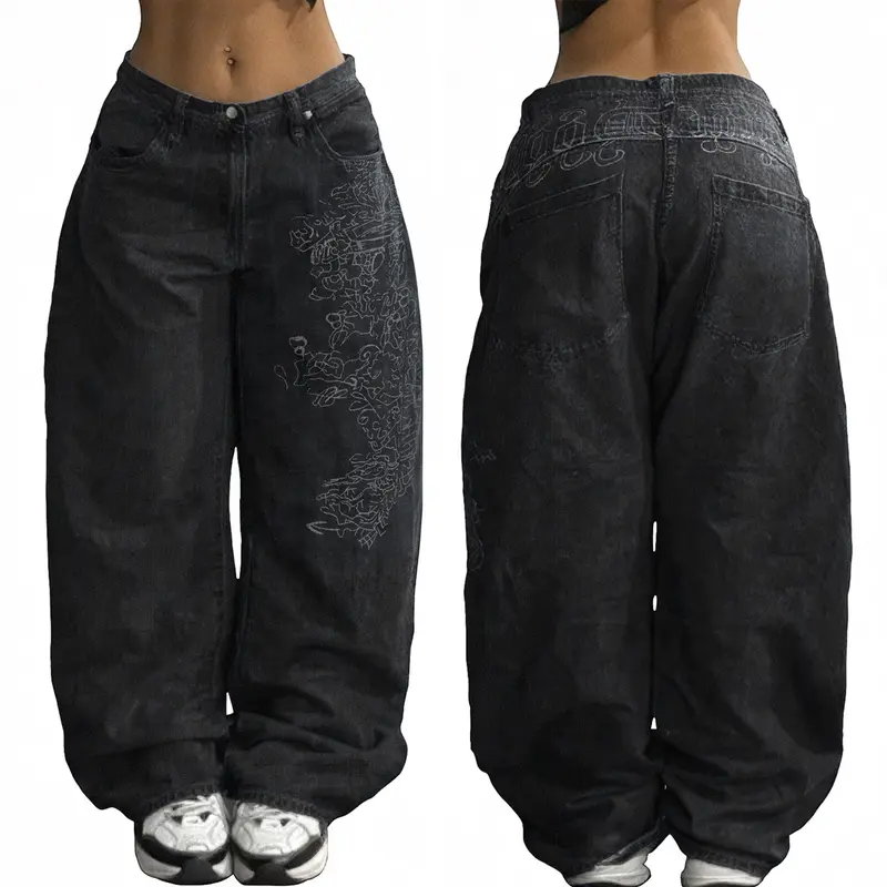 EMMIOL Women Hip Hop Baggy Jeans Wide Leg Mid-Low Waist Barrel Jeans Loose Boyfriends Jeans 90s Vintage Denim Pants casual comfy Cherry Blossom Embroidery Black Womenswear Summer Vibes SohoChic【Back to School】