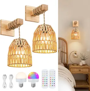 Rattan Wall Sconces Battery Operated, Boho Wall Sconce, Battery Operated Wall Sconce Set of Two, Rechargeable Woven Lantern Wireless Wall Light/Lamp for Bedroom Home Decor