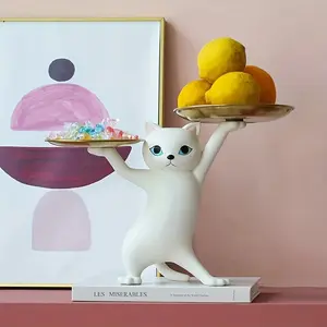 Whimsical Cat Tray Statue in Nordic Resin, Unique Bedroom Office Decor, Key and Candy Storage Sculpture, Home Accessory Decor, Decorative Sculptures