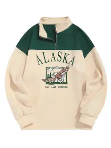 ZAFUL Men's Letters Embroidered Raglan Sleeve Quarter Zip Fleece Vintage Pullover Sweatshirt Tops Hoodie Casual Menswear