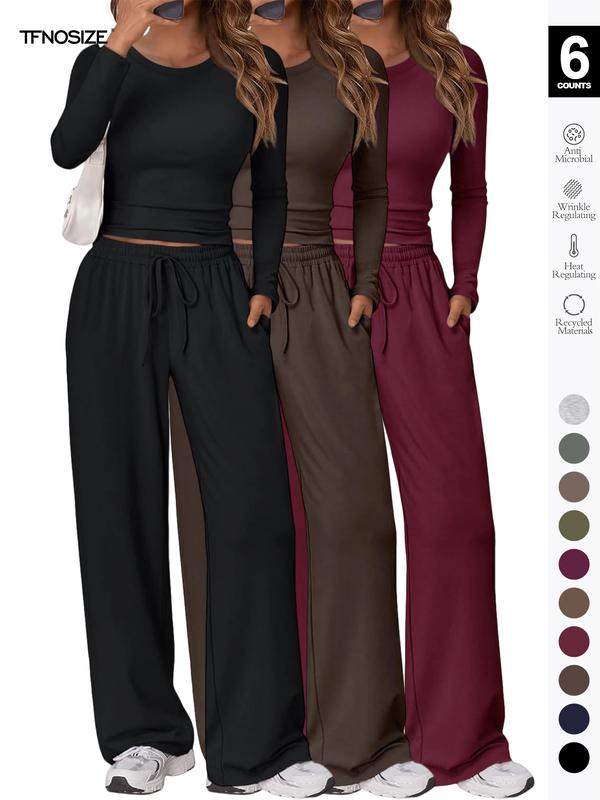 Women's 2-Piece Matching Lounge Set, Long Sleeve Slightly Cropped Top & Wide Leg Pants, Casual Sweatsuit for Fall & Winter Women's 2-Piece Matching Lounge Set, Long Sleeve Slightly Cropped Top & Wide Leg Pants, Casual Sweatsuit for Fall & Winter