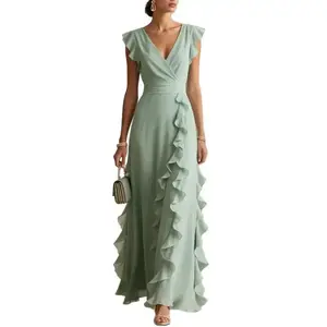 Women's Elegant Chiffon Maxi Dress, V - Neck Ruffled Sleeve Wrap - Style Formal Gown for Wedding, Party, Light Green