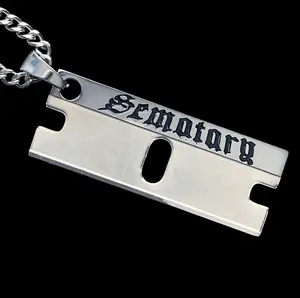 Sematary Razor Necklace 1.25" Etched Mirror Polished Haunted Mound Pendant in Solid 316L Surgical Stainless Steel with Black Enamel Choice of Chain Free Gift Included