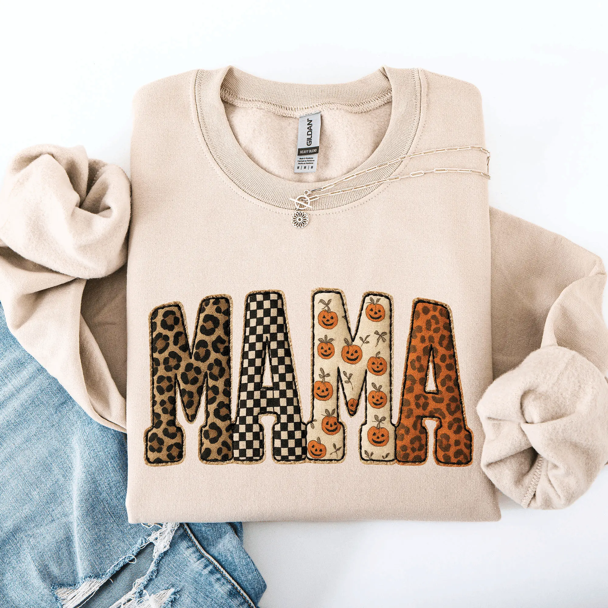 Mama, Halloween Pattern, Leopard Print, Checkered, Pumpkin Sweatshirt, Spooky, Witch, Pumpkin, Halloween, Crew Neck, Women's, Crewneck