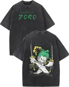 Graphic T-Shirt, Vintage Washed Distressed Oversized Anime Tee, Retro Samurai Swordsman Streetwear Top for Men Women, One Piece Fan Gift & Anime Lover Apparel