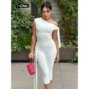 Women's Solid Asymmetrical Neck Knot Design Sleeveless Top & High Waist Capri Pants Two-piece Set, Elegant Chic Fashion Basic Ruched Top & Skinny Capri Trousers for Daily Outdoor Wear, Ladies Clothes