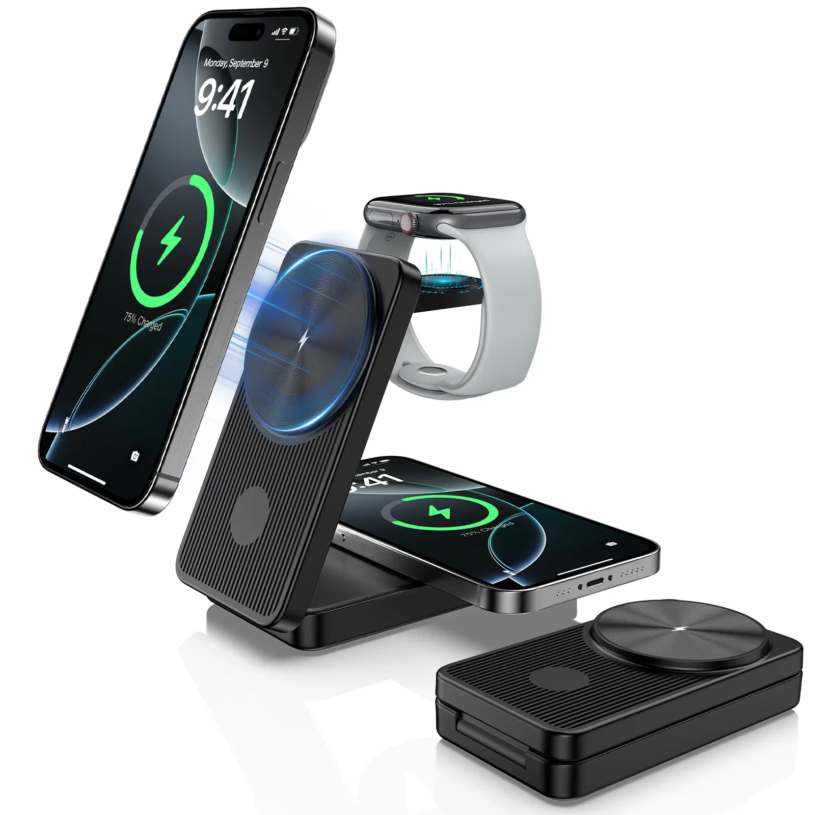 3-in-1 Foldable Magnetic Wireless Charging Station for Apple, Samsung & Android – MagSafe Compatible, Adjustable Stand. iPhone 17/16/15/14/13/12 Series, Apple Watch, other wireless earbuds. Foldable magnetic charging dock, lightweight and easy to carry.