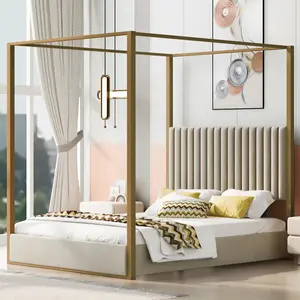 Bellemave Queen Size Upholstered Canopy Platform Bed with Headboard & Metal Frame Modern Cama Beige Wood Linen Finish
