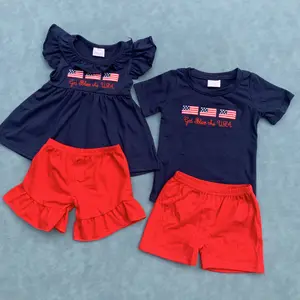 Embroidery American Flag July 4th Kids Summer Clothes