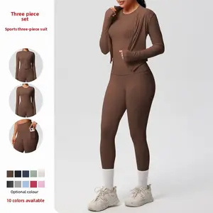 New model cloud-feel brushed long-sleeve sports zip-up jacket, casual running, butt-lifting fitness yoga three-piece set