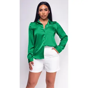 Braylee Satin Button Down Blouse Top - Kelly Green