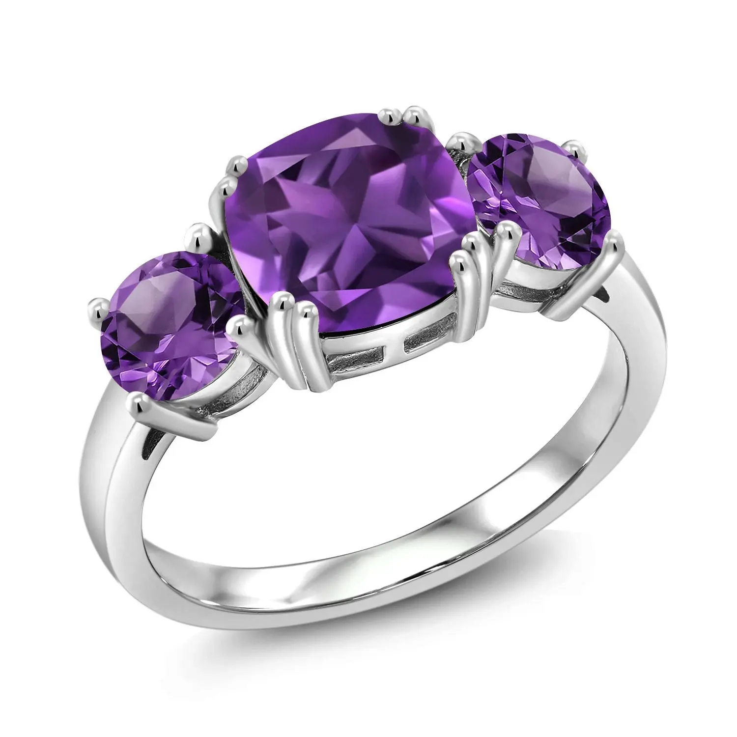3.00 Cttw Purple Amethyst 3-Stone Engagement Ring For Women | 925 Sterling Silver | Gemstone February Birthstone | Cushion 8MM
