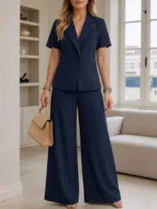 ZANZEA Women's Casual Chic Elegant Minimalist Suit Set, Blazer Neck Short Sleeve with Pockets, Bodycon X-Shape Wide Leg Pants, Ideal for Daily Outing and Commute