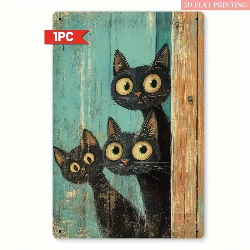 Vintage 3 Big-Eyed Black Cats Peeking Wood Door Decorative Metal Tin Sign - 8x12 in Waterproof Hangable Wall Hanging Plaque, Rustic Chipped Teal Rust Wall Art, Shabby Chic Cottage Core Home Decor for Cat Lovers