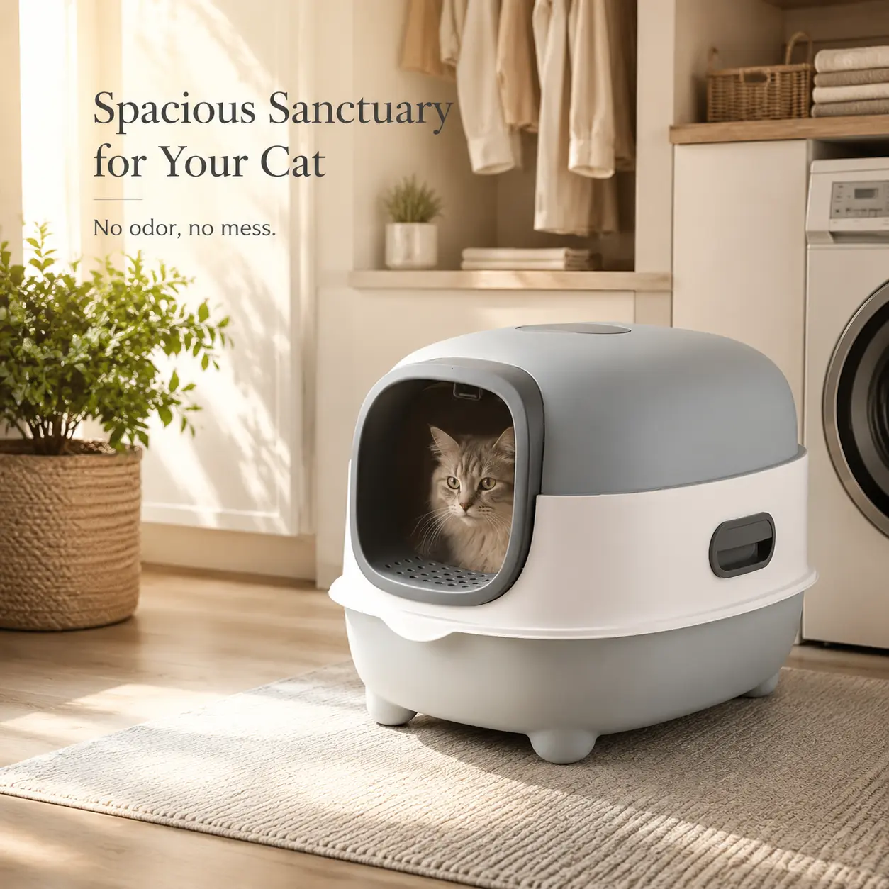 Gray/White 3-Tier Fully Enclosed Litter Box with Rounded Hull, Front Pull-Out Drawer for Splash Prevention, Large Home Toilet Suitable for Long-Haired Maine Cats