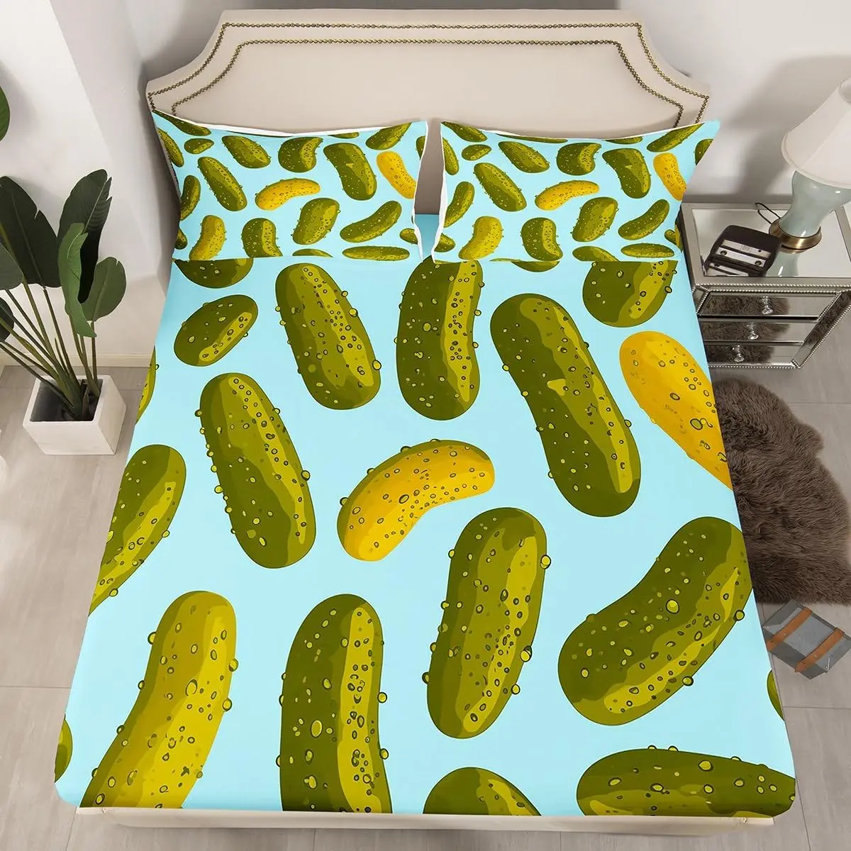 Feelyou Microfibre 3D Print Pickles Fitted Sheet Set - Vibrant Cucumber Design, Ultra Deep Pocket, Machine Washable, Low-Temperature Dry, Soft & Cozy Bedding, 1 Fitted Sheet & 1 Pillowcase for Any Room