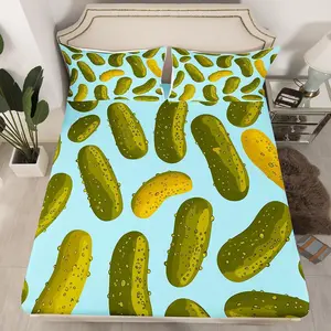 Pickles Fitted Sheet Funny Food Bedding Set,Green Cucumbers Bed Sheets Adults Lovely Vegetables Design Sheets Bedroom,1 Fitted Sheet 1 Pillowcase
