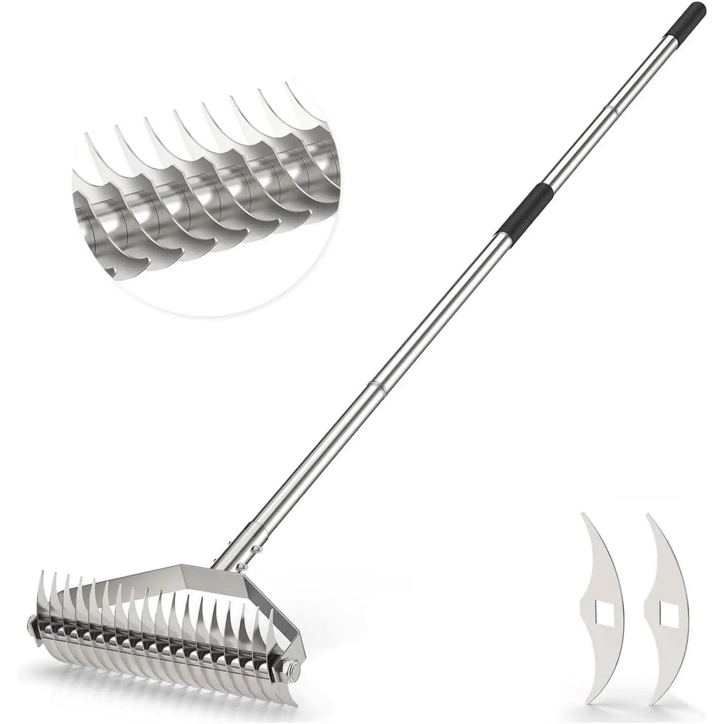 Thatch Rake, Upgraded Stainless Steel Thatching Rake for Lawns, Heavy Duty Dethatcher with Replaceable Blades and Adjustable Handle, Efficient Dethatching Rakes for Cleaning Dead Yard Loosening Soil