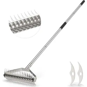 Thatch Rake, Upgraded Stainless Steel Thatching Rake for Lawns, Heavy Duty Dethatcher with Replaceable Blades and Adjustable Handle, Efficient Dethatching Rakes for Cleaning Dead Yard Loosening Soil
