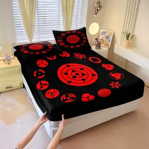 Naruto Sharingan Fitted Sheet Set, Includes 1 Fitted Sheet & 2 Pillowcases without Filler, Personalized Naruto-themed print, trendy and unique, washable and durable, a great addition to any anime room.