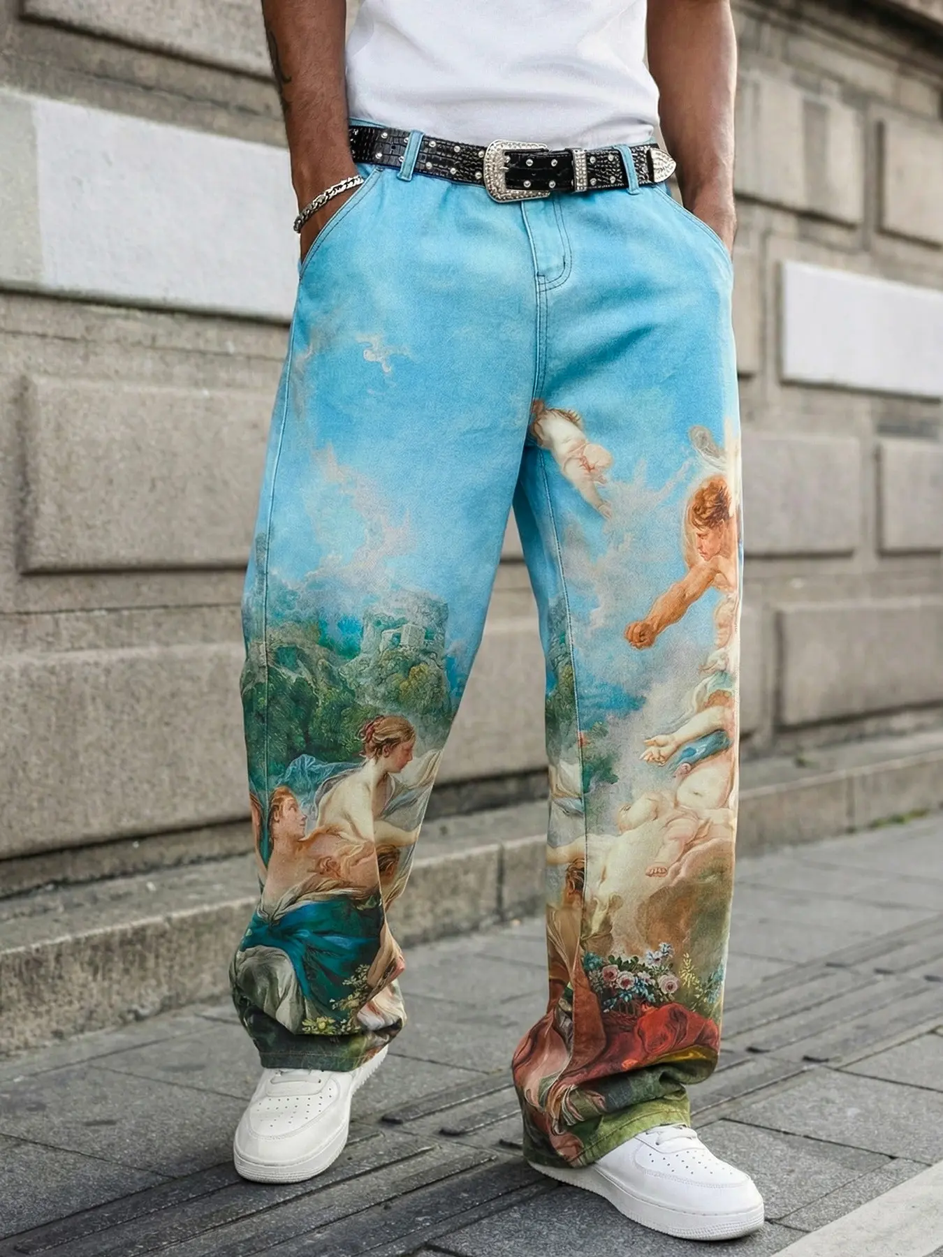 Men's Streetwear Y2K Fashion Oil Painting Print Jeans, Loose Wide Leg Long Pants, Trendy and Stylish Denim for Men, Menswear