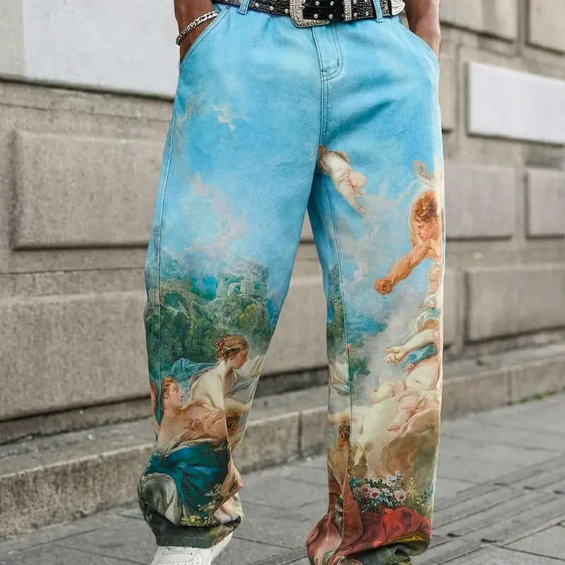 Men's Streetwear Y2K Fashion Oil Painting Print Jeans, Loose Wide Leg Long Pants, Trendy, Classic and Stylish Denim for Men, Menswear, Casual Streetwear Jeans