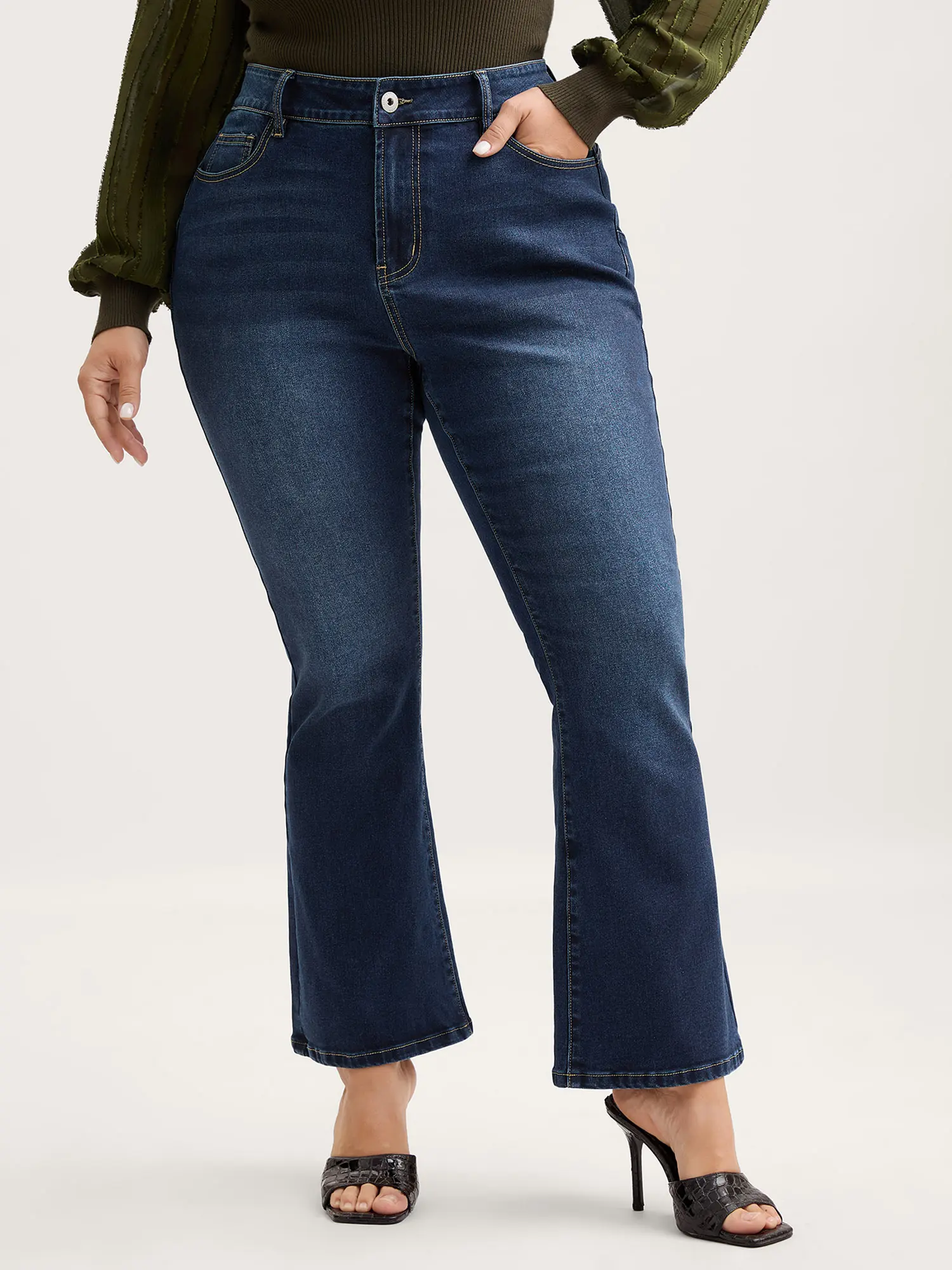 BLOOMCHIC Women's Plus Size Butt-Lifting Sculpted Denim Bootcut Bottom Pants - Cotton-Spun Fabric, Spandex Fit, Zip Closure, Pockets, Summer Turn-Up Style, Sizes M-6X, 2026 Summerfinds, Butt Lifting Jeans, Curvy Fit Jeans, Garment, Lady, Plus Size Basics