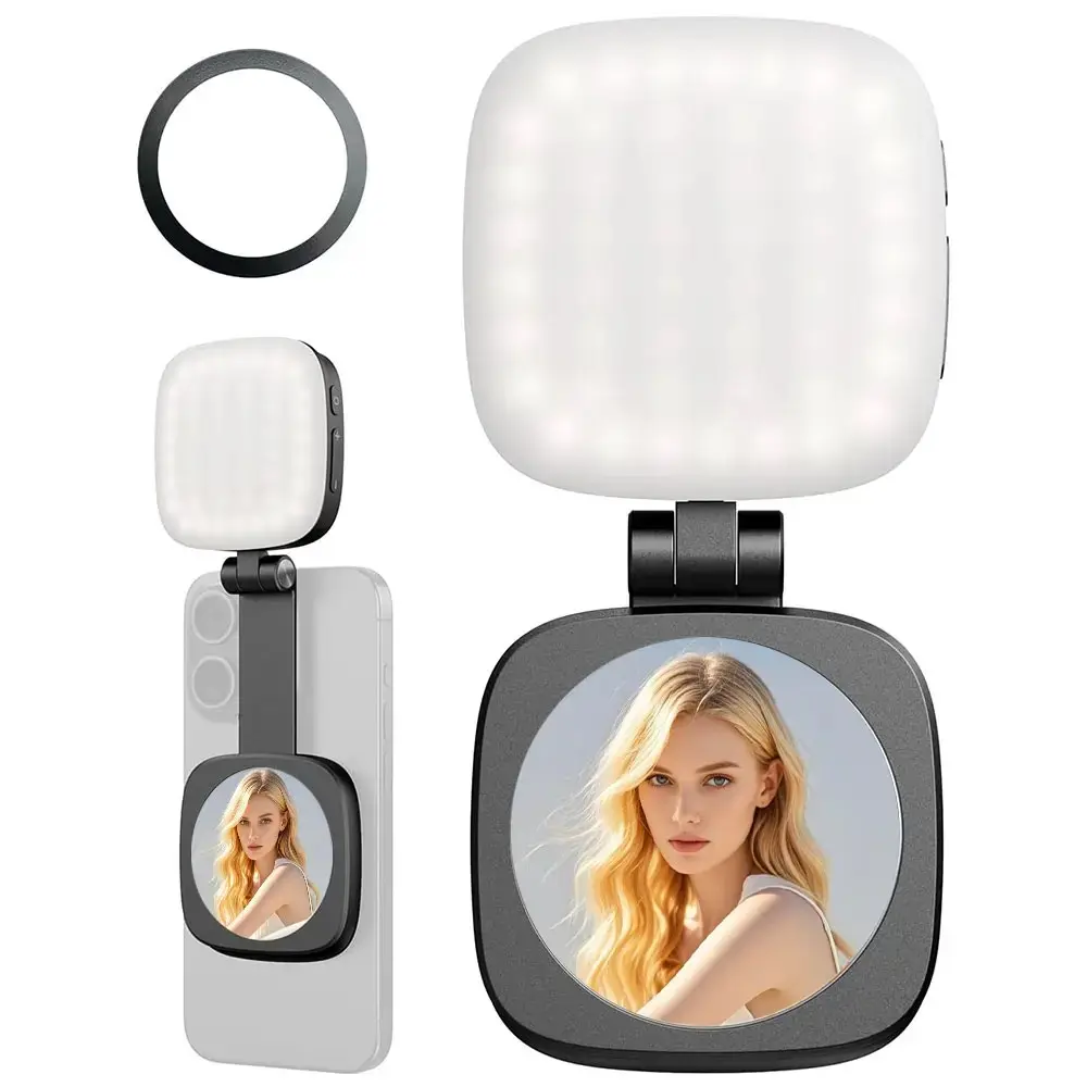 MagSafe Magnetic LED Selfie Ring Light for Phones, 360° Rotatable Portable Rechargeable Fill Light with Mirror, Plastic Phone Stand (Model F-662) – Ideal Gift for Girls for Makeup, Live Streaming