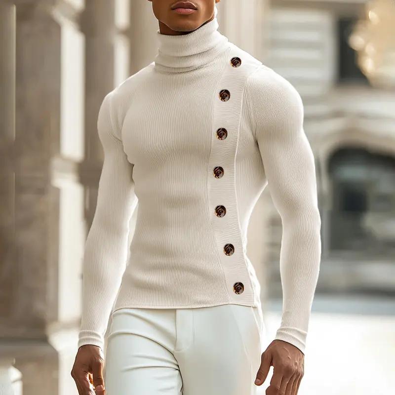 INCERUN Mens High Neck Buttons Long Sleeve Solid Pullover T-Shirt Tops Casual Slim Skinny Blouse Shirt