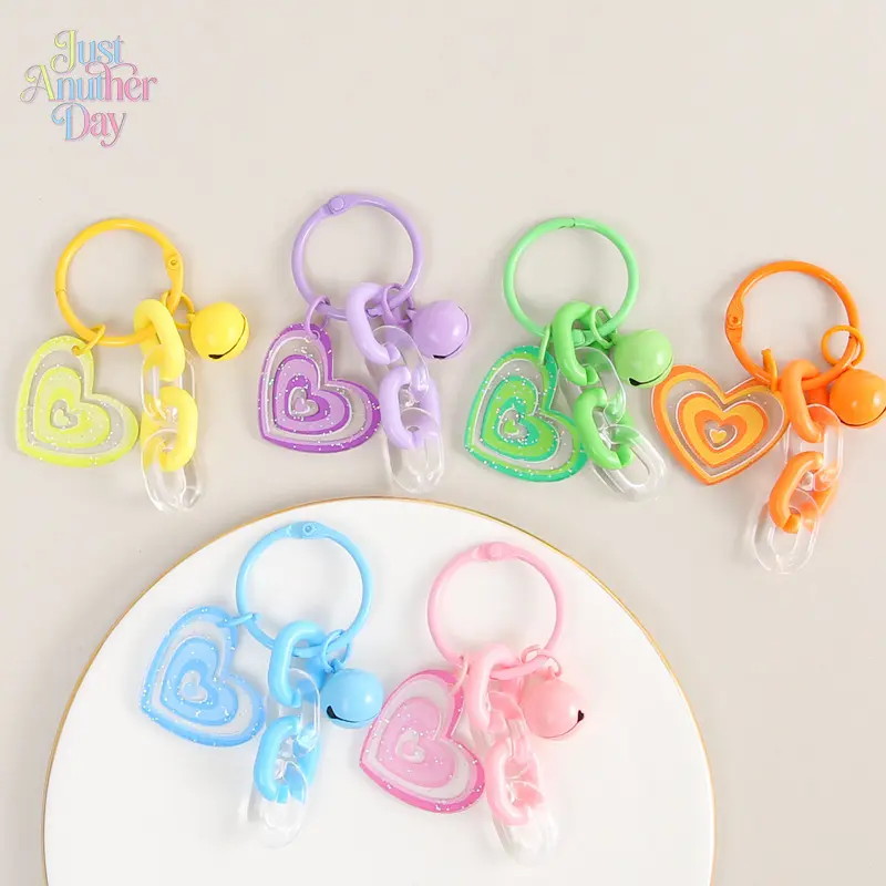 6-pcs Colorful Acrylic Glitter Heart Keychain, DIY Chain Link Bag Charm, Cute Pastel Bell Pendant, Versatile Keyring Accessory for Bags, Phones & Keys
