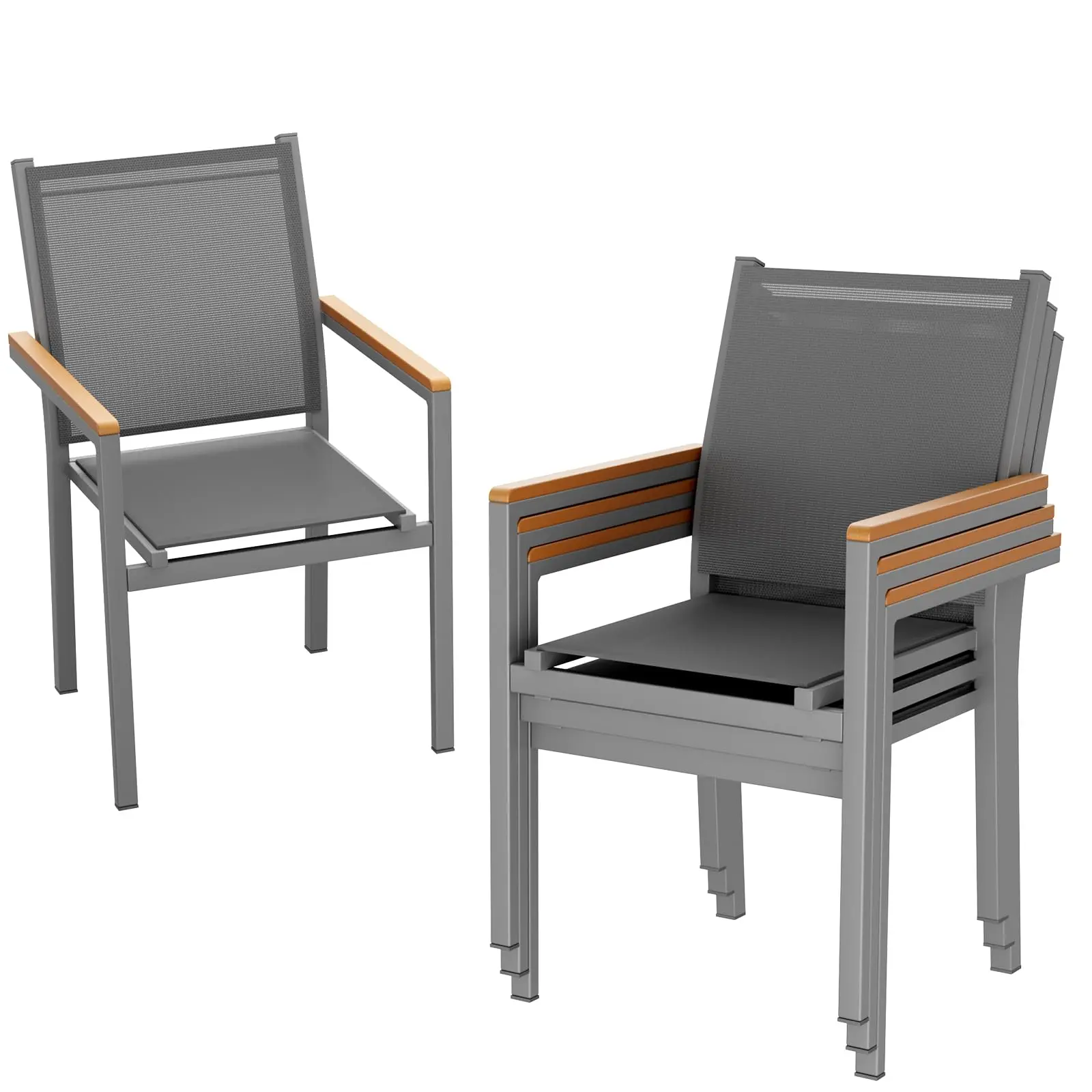 TLGREEN Patio Chairs Set of 2/4/6, Stackable Aluminum Dining Chair with Textilene Fabric & WPC Handrail, 17" Seat Height, All Weather Outdoor Chair for Poolside, Balcony, Terrace & Restaurants, Grey summerwins