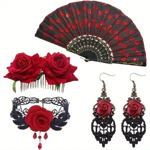 1 set Flamenco Costume Wedding Party Accessories Rose Flower Hair Clip Embroidered Sequins Fabric Handheld Folding Fan and Choker Earrings Beauty & Personal Care