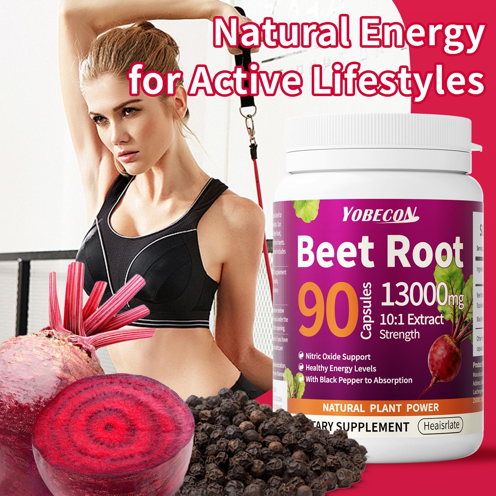 90 Natural Nitric Oxide Beetroot Capsules - Each capsule contains 13,000 mg of highly effective ingredients - Plant-based formula, effectively regulates blood pressure, promotes intestinal digestion and metabolism, boosts energy.