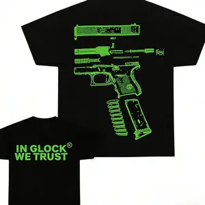 Black Graphic T-Shirt Featuring Exploded Handgun Diagram, Neon Green Technical Illustration, Mechanical Parts Artwork, Streetwear Style Graphic Tee, Bold Industrial Design Shirt, Unisex Casual Apparel