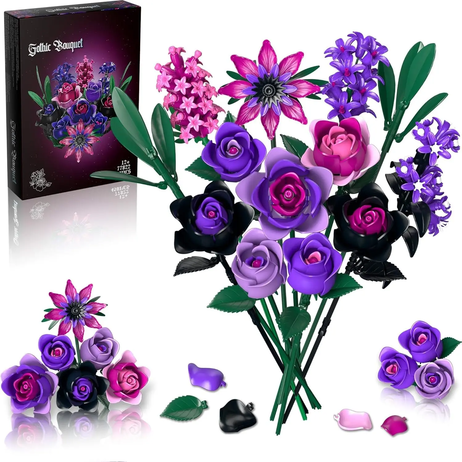 Purple Rose Bouquet Building Set, Artificial Roses Bouquet, Flowers for Adults Women Gothic Artificial Botanical Collection Halloween Christmas Valentine's Gifts Home Decor, Diy Artificial Rose, Diy Fake Flowers, Faux Flower Decoration