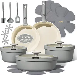 Carote 20pcs Ceramic Cookware Set with Detachable Handles, Pots and Pans Set Non Stick, RV Kitchen Cooking Pot and Pan, Dishwasher Safe, Non-toxic Induction Cookware PFAS and PFOA Free, Grey