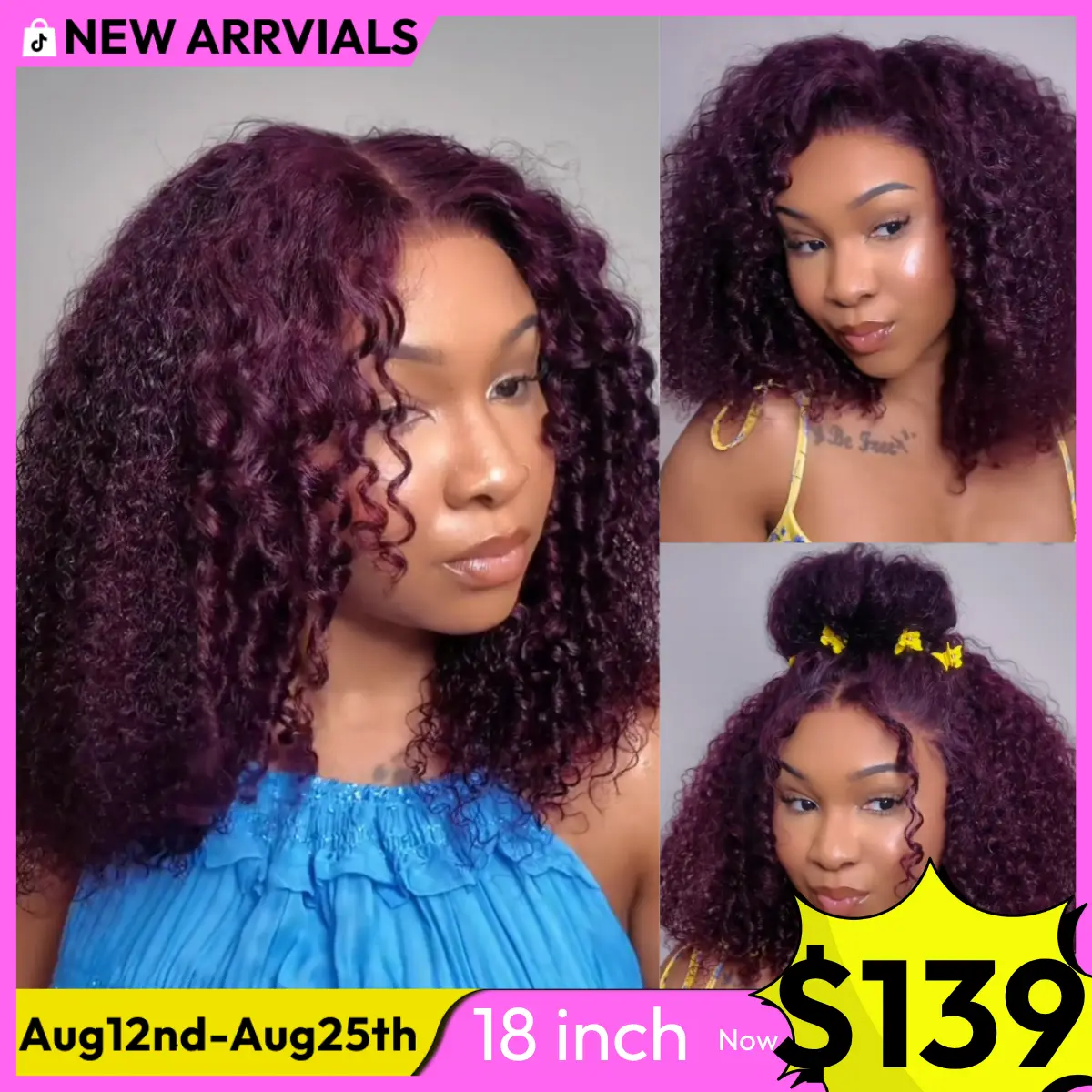 UNice 250% Black Cherry Fluffy  Kinky Curly Wig with Layer Finger Coil Ends Glueless 7x5 Lace Closure Human Hair Wigs 18 inch No Slip Natural Hairline for Beginners Summer Wig  SummerArrvials