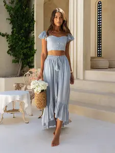 Izamal Two-Piece Boho Dress, Crop Top with Smocked Back and Flutter Sleeves, Maxi Skirt with Pockets and buttons, High-Low Hem, Button Details, Adjustable Tassel-Tie, Partially Lined, 100% Rayon, Blue, Olive Green, Yellow Boho Print
