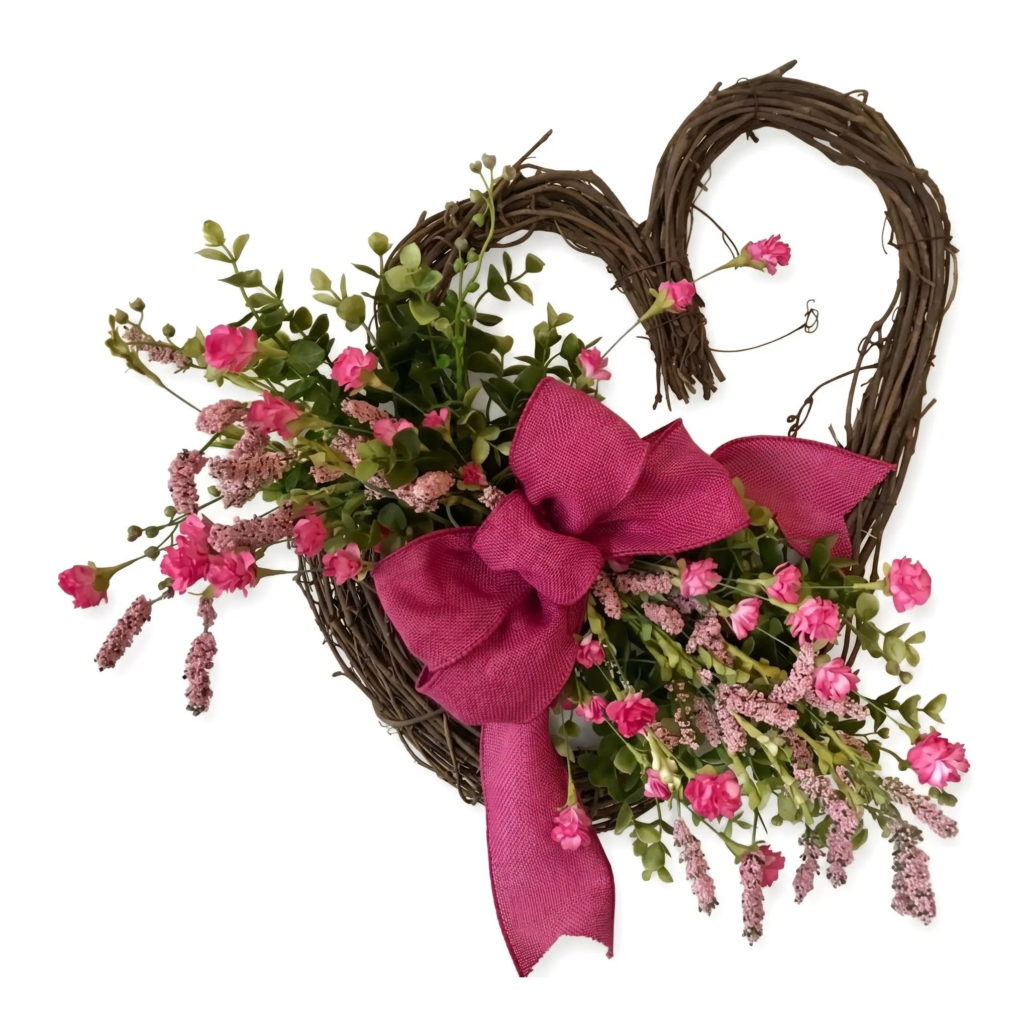 Heart Shaped Grapevine Wreath, Pink Floral Door Hanging Decor with Burlap Bow