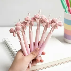 6pcs Set of Pink Bow Push-Type Ballpoint Pens, High-Value Student Girly Gift Pen Upgraded ST Nib 0.5Mm Black Ink Smooth And Clear Writing  | Replaceable Core